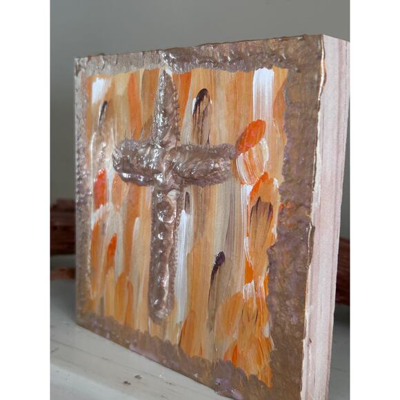 Gold Cross on Wood Painting Hand Painted Puffy Wall Art 5x5 Block Fall Style - Picture 2 of 10
